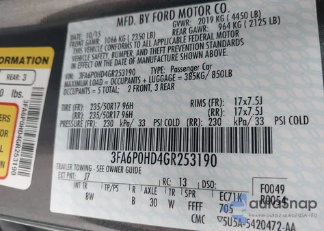2016 Ford Fusion Se из США, поврежденный, VIN 3FA6P0HD4GR253190